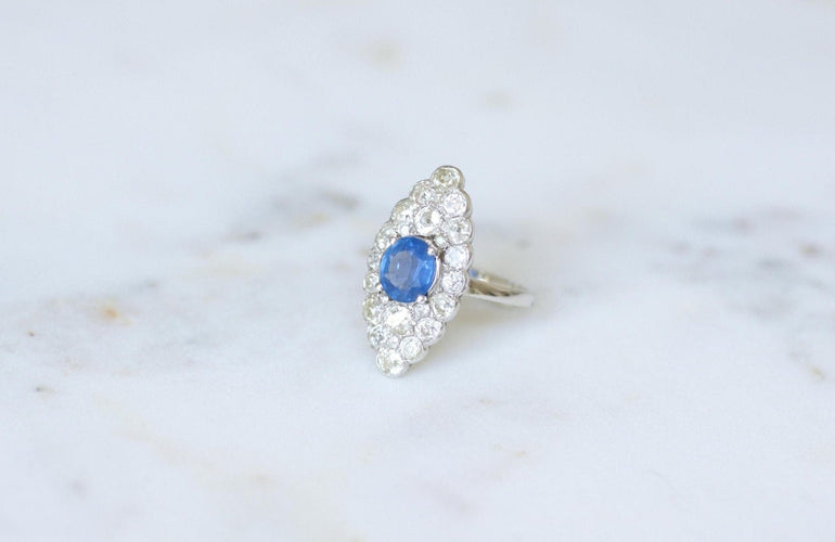 Bague 58 Bague marquise Art Déco en platine, saphir de Ceylan et diamants 58 Facettes