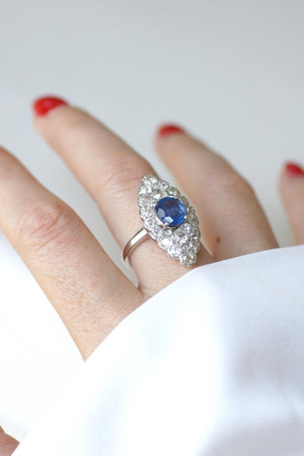 Bague 58 Bague marquise Art Déco en platine, saphir de Ceylan et diamants 58 Facettes