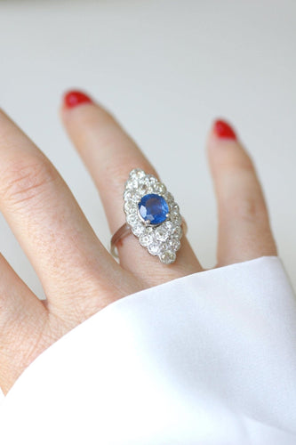 Bague 58 Bague marquise Art Déco en platine, saphir de Ceylan et diamants 58 Facettes
