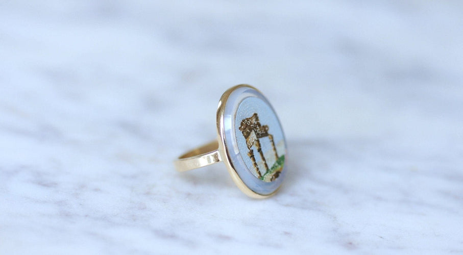 Bague 55 Bague micro-mosaïque temple antique en or jaune 18k 58 Facettes