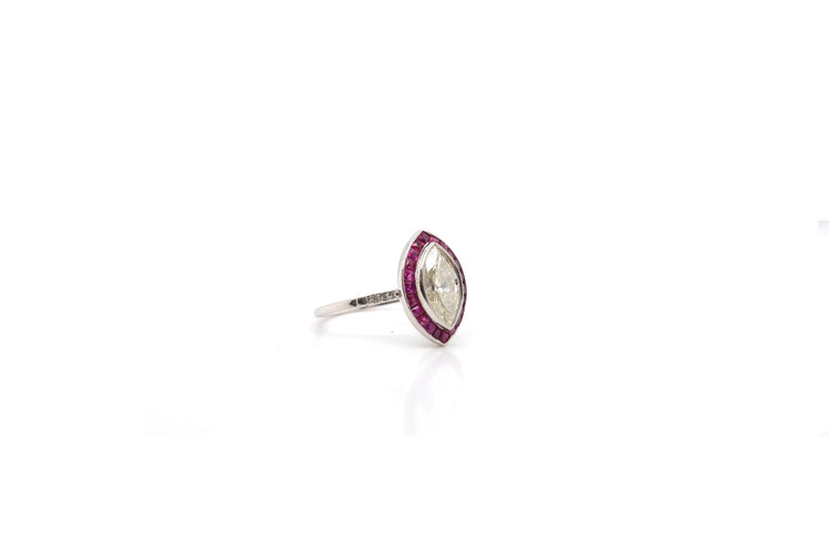 Bague 49 Bague rétro en or blanc 18k avec diamant et rubis 58 Facettes 24936