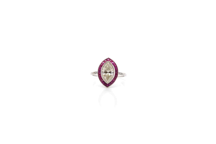 Bague 49 Bague rétro en or blanc 18k avec diamant et rubis 58 Facettes 24936