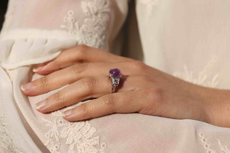 Bague 50.5 Bague vintage saphir rose étoilé de Ceylan en platine et diamants 58 Facettes 22508