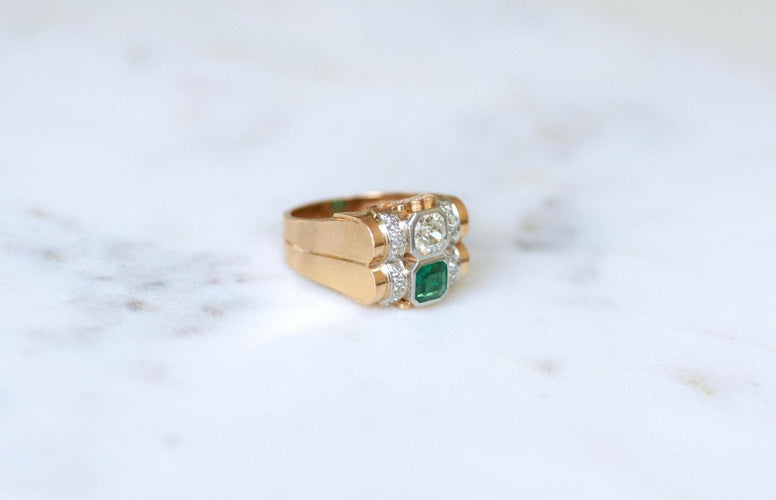 Bague 62 Bague Tank en or rose 18k et platine, émeraude et diamants 58 Facettes