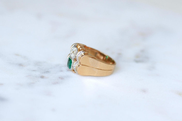 Bague 62 Bague Tank en or rose 18k et platine, émeraude et diamants 58 Facettes