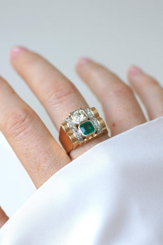 Bague 62 Bague Tank en or rose 18k et platine, émeraude et diamants 58 Facettes