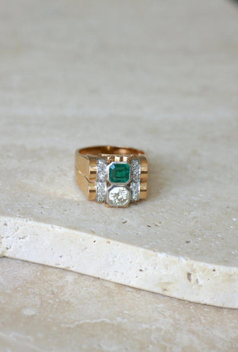 Bague 62 Bague Tank en or rose 18k et platine, émeraude et diamants 58 Facettes