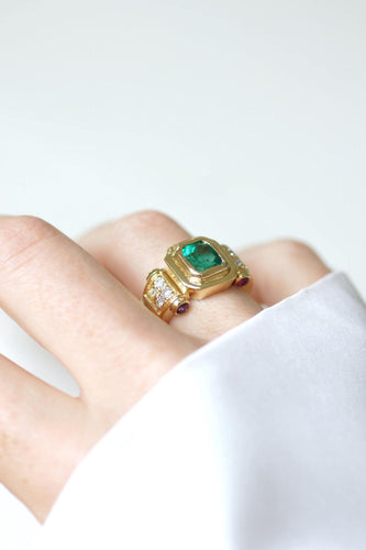 Bague 55.5 Bague vintage émeraude colombienne en or jaune 18k et diamants rubis 58 Facettes