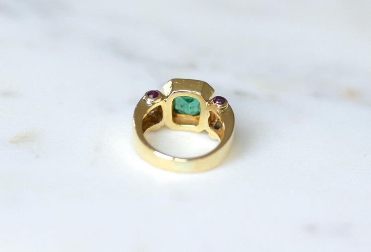 Bague 55.5 Bague vintage émeraude colombienne en or jaune 18k et diamants rubis 58 Facettes