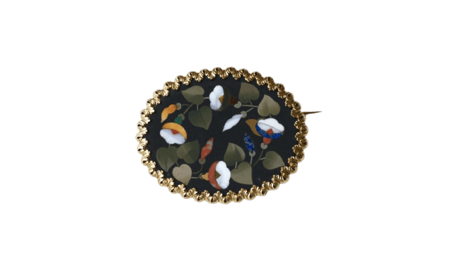 Broche Broche fleur pietra dura en or jaune 18kt et pierres dures 58 Facettes