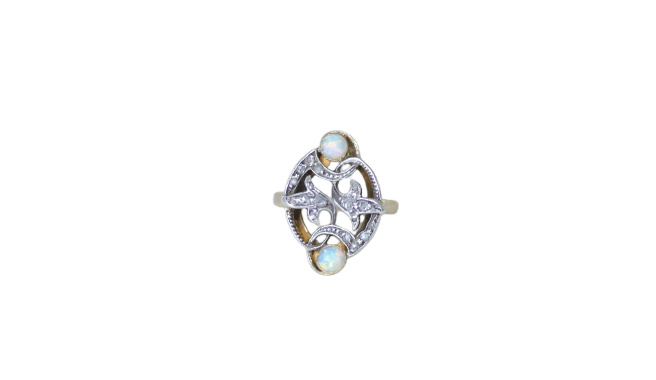 Bague 55 Bague volutes en or jaune 18k et diamants, opales 58 Facettes