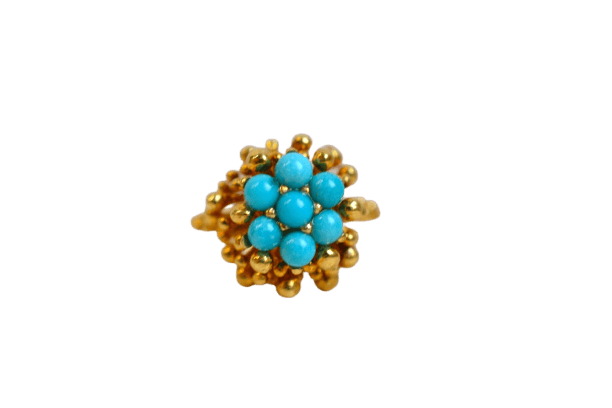 Bague 51.5 Bague fleur en or jaune 18 carats et turquoises 58 Facettes 3238