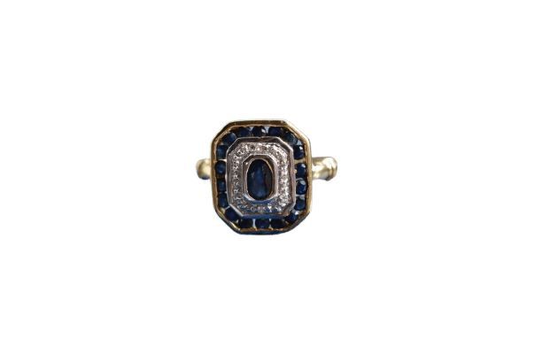 Bague 53 Bague octogonale en or jaune et blanc 18k, saphir et diamants 58 Facettes 2835
