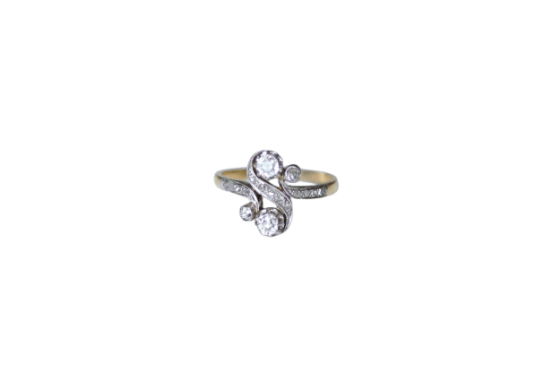 Bague 56.5 Bague Toi et Moi en or jaune 18k et platine, diamants 0,55 ct 58 Facettes