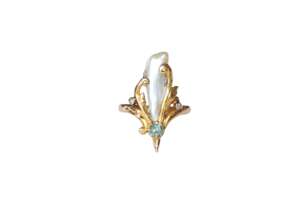 Bague 53 Bague Art Nouveau perle baroque en or jaune et rose et diamants 58 Facettes