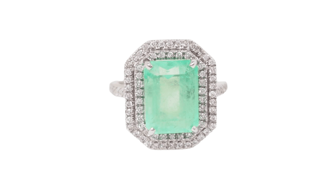Bague 52 Bague double entourage en or blanc 18 kt, émeraude et diamants 58 Facettes 32636