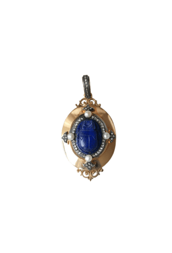 Pendentif Pendentif médaillon scarabée en or rose 18k et argent, lapis-lazuli, perles, diamants 58 Facettes