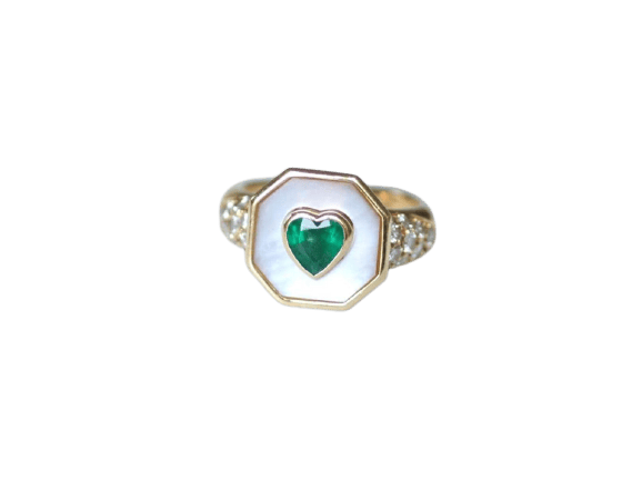Bague Bague cœur en or jaune 18k, émeraude, diamants et nacre 58 Facettes