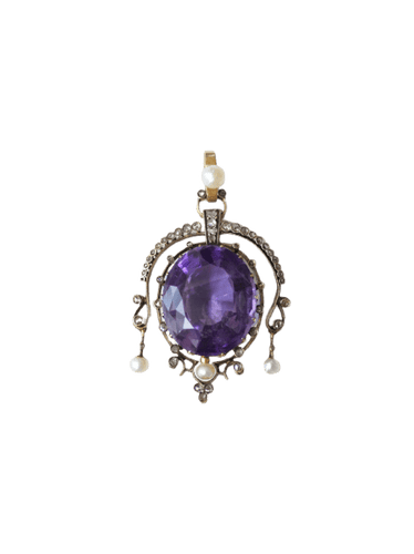 Pendentif Pendentif ancien en or jaune 18k, argent, améthyste, perles fines et diamants 58 Facettes