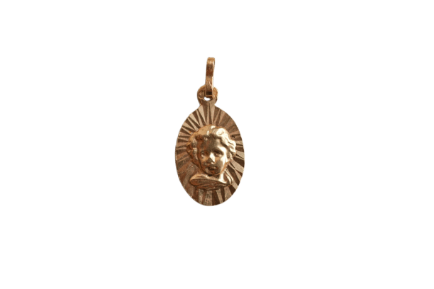 Pendentif Médaille religieuse ovale angelot en or jaune 18 carats 58 Facettes Ref2683