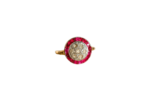 Bague 53 Bague circulaire Art Déco en or jaune 18 carats, rubis synthétiques et diamants 58 Facettes 3744