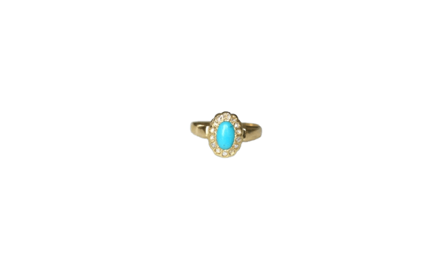 Bague 47 Bague marguerite cabochon turquoise en or jaune 18kt et diamants 58 Facettes