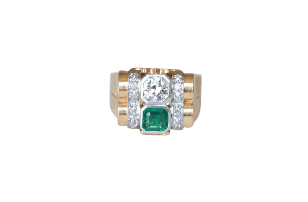 Bague 62 Bague Tank en or rose 18k et platine, émeraude et diamants 58 Facettes