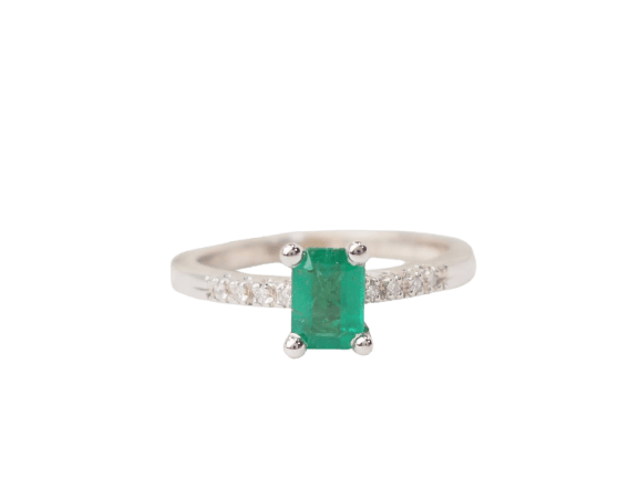 Bague 53 Bague solitaire en or blanc 18 ct, émeraude et diamants 58 Facettes 31389