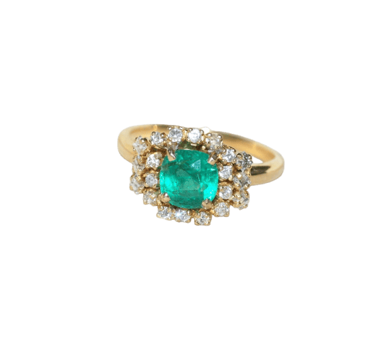 Bague 56 Bague émeraude coussin 1,52 cts en or jaune et diamants 58 Facettes