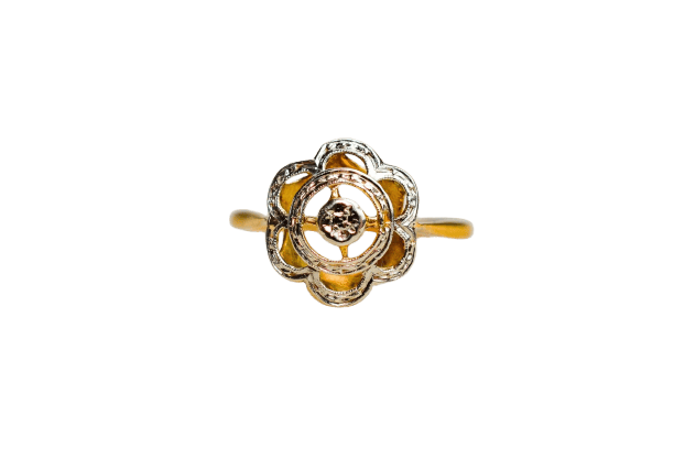Bague 55 Bague fleur ajourée en or jaune et or blanc 18 carats 58 Facettes 3776