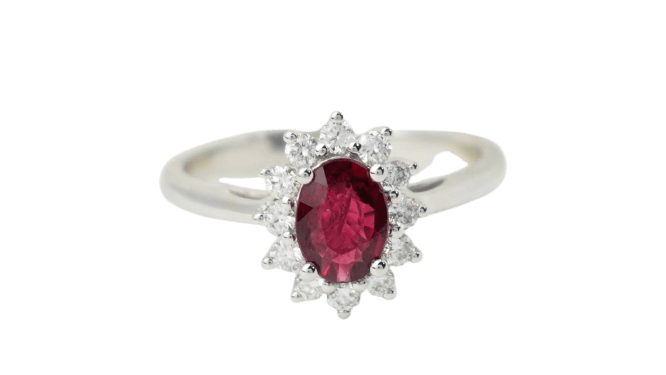 Bague 54 Bague marguerite en or blanc 18 kt, rubis et diamants 58 Facettes 32945