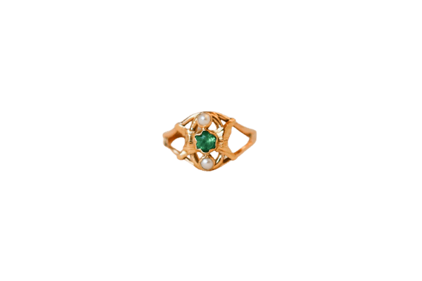 Bague 56.5 Bague Art Nouveau pierre verte en or jaune 18 carats et demi-perles de culture 58 Facettes 3596