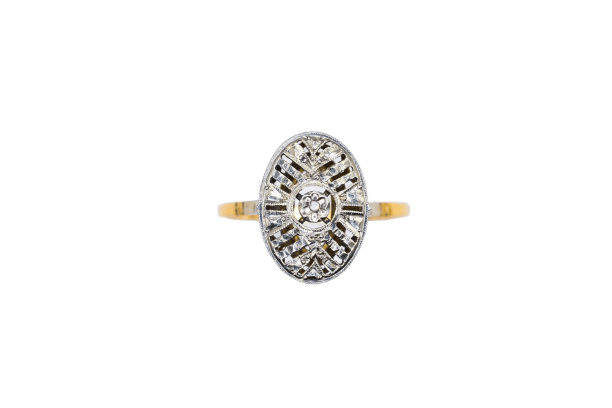 Bague 56 Bague Art Déco ovale en or jaune et or blanc 18k et diamant 58 Facettes 3826