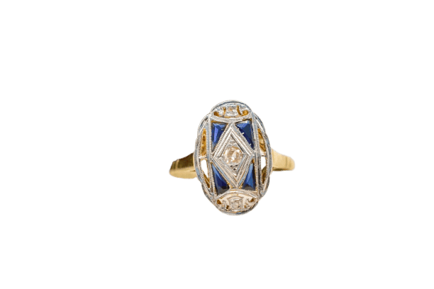 Bague 53 Bague Art Déco en or jaune et or blanc 18k, diamants et saphirs synthèse 58 Facettes 3792