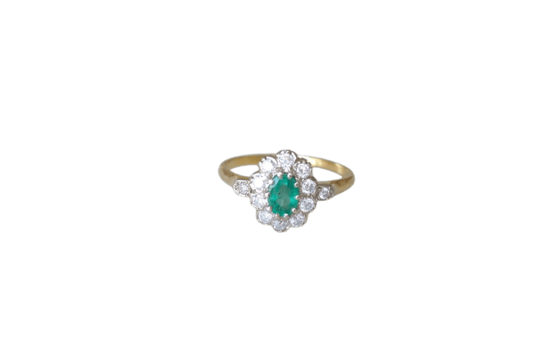 Bague 65 Bague marguerite en or jaune et blanc 18k, émeraude et diamants 58 Facettes