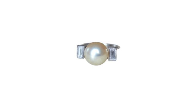 Bague 47.5 Bague Art Déco perle de culture en platine et diamants baguette 58 Facettes