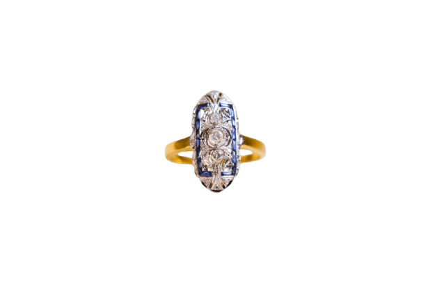 Bague 51.5 Bague Navette Art Déco en or jaune et or blanc 14k saphirs, diamants 58 Facettes Ref3062