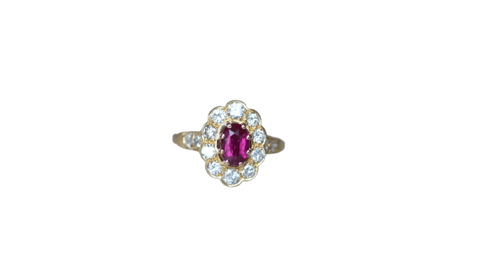 Bague 59 Bague marguerite ovale en or jaune 18k et rubis, diamants 58 Facettes