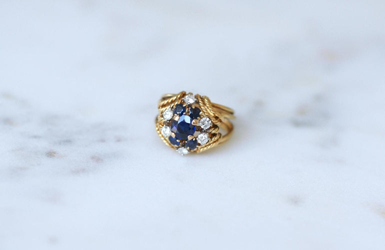Bague 48 Boucheron - Bague cocktail en or jaune 18k et platine, saphirs et diamants 58 Facettes