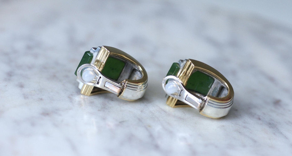 Boucles d'oreilles Puiforcat - Boucles d’oreilles à clips en or jaune 18k et argent, jade 58 Facettes