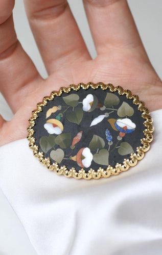 Broche Broche fleur pietra dura en or jaune 18kt et pierres dures 58 Facettes