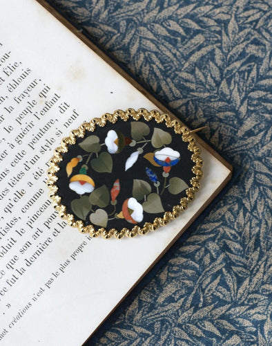 Broche Broche fleur pietra dura en or jaune 18kt et pierres dures 58 Facettes
