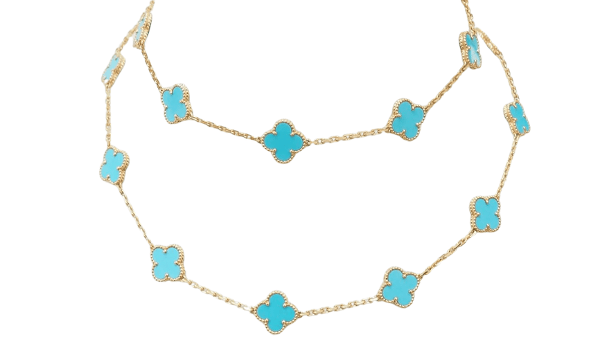 Collier VAN CLEEF & ARPELS - Sautoir Vintage Alhambra or jaune et turquoise 58 Facettes