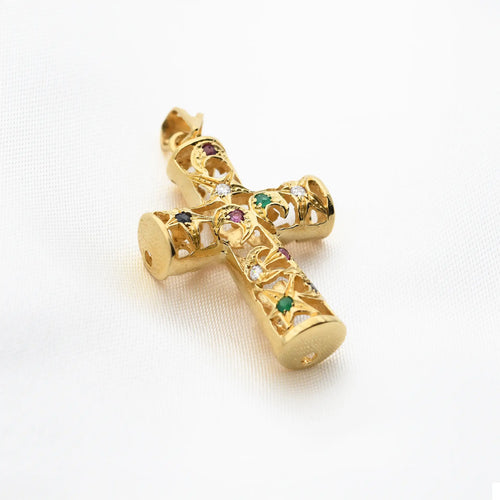 Pendentif Pendentif croix en or jaune 18 ct avec rubis, émeraudes et saphirs 58 Facettes 17550