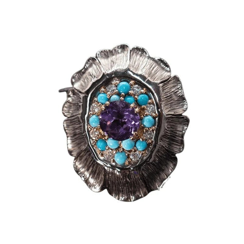 Bague 60 Bague nénuphar en or blanc 18 carats, améthyste, turquoises et diamants 58 Facettes 20762