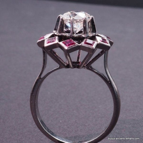 Bague 51 Bague rétro en or blanc 18 carats, diamant 1 ct et rubis synthétiques 58 Facettes 16206