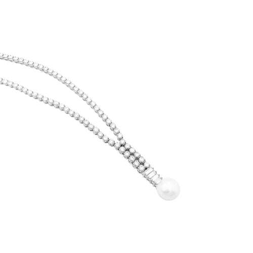 Collier Collier cravate en or blanc 750 serti de diamants et perle de culture 58 Facettes 34935
