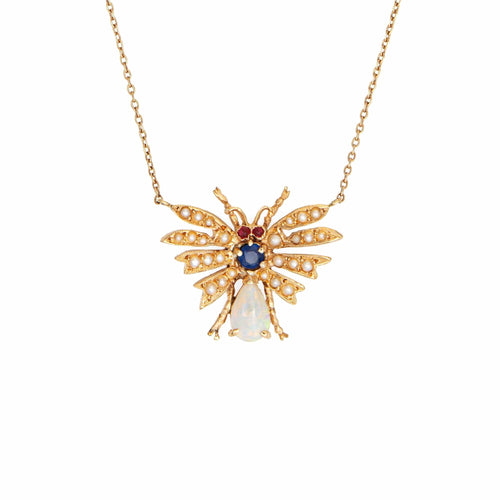 Collier Art déco - Collier insecte en or jaune 14 carats, opale, saphir, rubis et perles 58 Facettes G12652