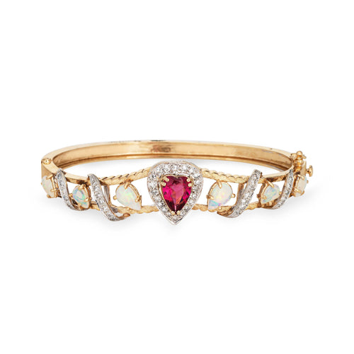 Bracelet Bracelet jonc vintage - Opales, tourmaline rose cœur et diamants en or jaune 14k 58 Facettes G13201