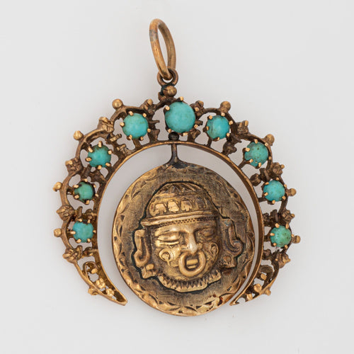 Pendentif Pendentif vintage - Calendrier aztèque en or jaune 18k/14k et turquoise 58 Facettes G13626